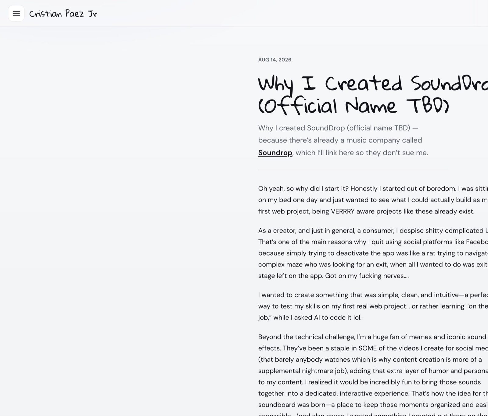 Screenshot of the Cristian Paez Jr website